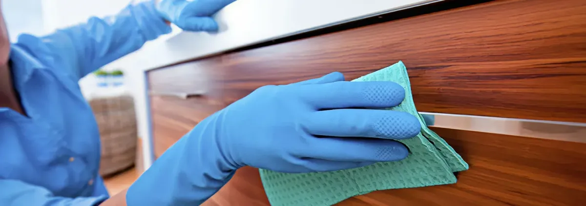 Cleaner wearing blue gloves wiping a wooden cabinet drawer with a microfiber cloth for dust and grime removal, Fort Wayne, IN.