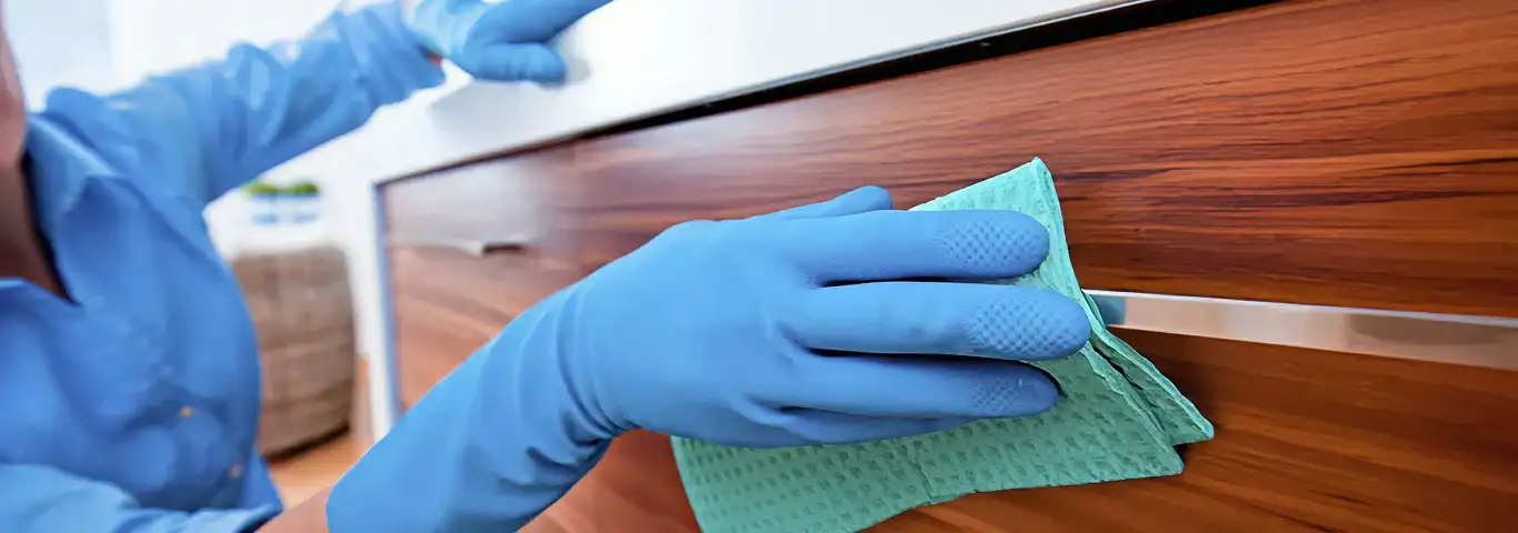 Cleaner wearing blue gloves wiping a wooden cabinet drawer with a microfiber cloth for dust and grime removal, Fort Wayne, IN.