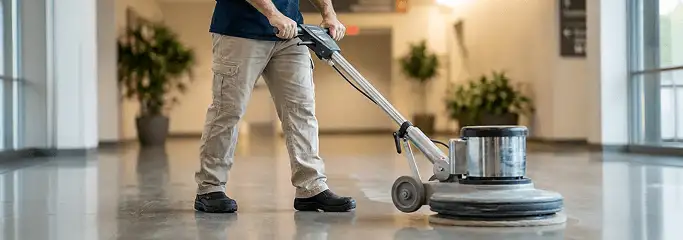 Professional technician using an industrial floor buffer to polish and maintain shiny commercial flooring in a corporate hallway in Fort Wayne, IN.