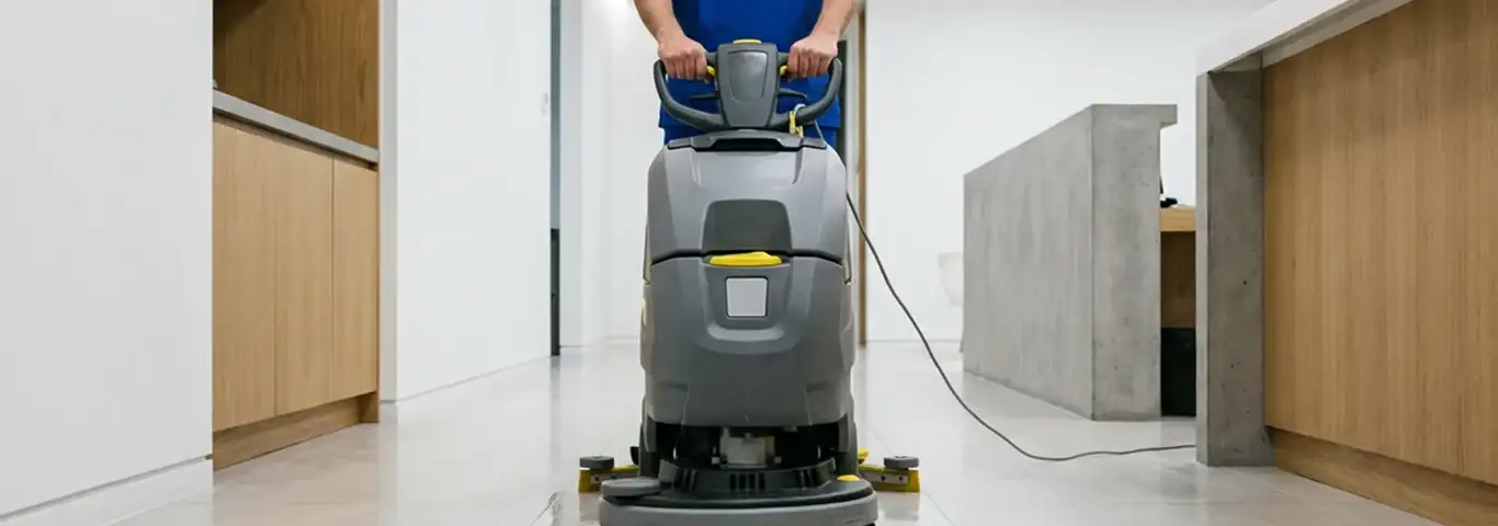 Janitorial staff using a floor scrubber machine to clean a commercial hallway, Fort Wayne, IN.