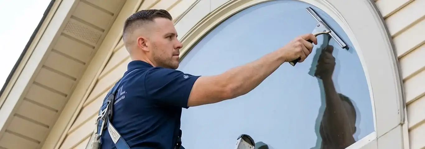 Professional window cleaner using a squeegee to clean an exterior arched window on a home, Fort Wayne, IN.