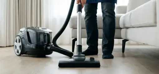 Professional house cleaner vacuuming a living room floor with a canister vacuum cleaner, Fort Wayne, IN.