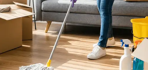 Move-out cleaning setup with a cleaner mopping hardwood floors near moving boxes and cleaning supplies, Fort Wayne, IN.