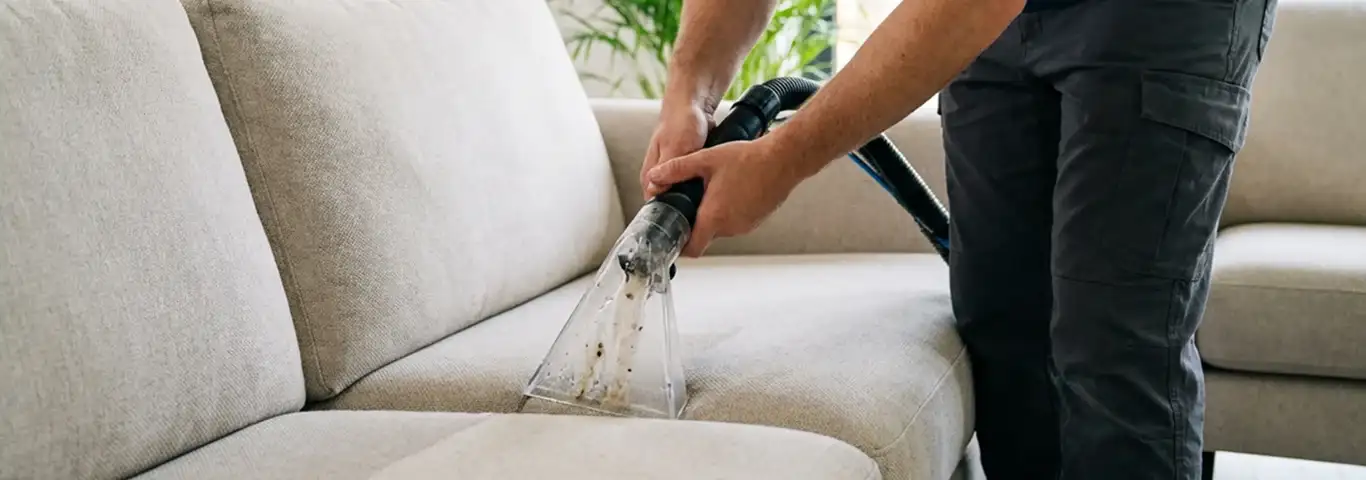 Technician extracting dirt and moisture from a fabric sofa with an upholstery cleaning wand, Fort Wayne, IN.