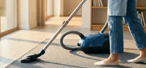 Person vacuuming a living room rug with a canister vacuum cleaner near large windows, Fort Wayne, IN.